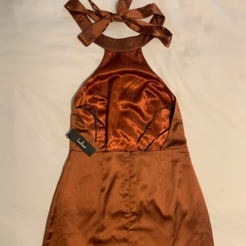 Lulu’s Celebrate Me Rust Brown Satin Halter Mini Dress